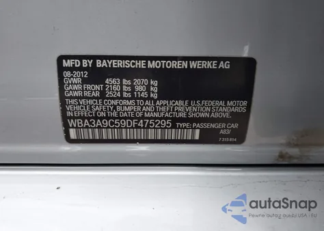 2013 BMW 335I from USA, damaged, VIN WBA3A9C59DF475295